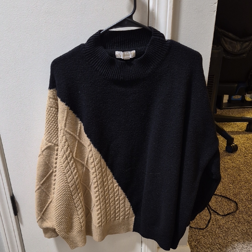 Elegant Black and Tan Cowl Neck Sweater